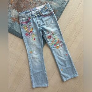 Vintage Light Blue Boot Cut Jeans with Multicolor Floral Embroidery